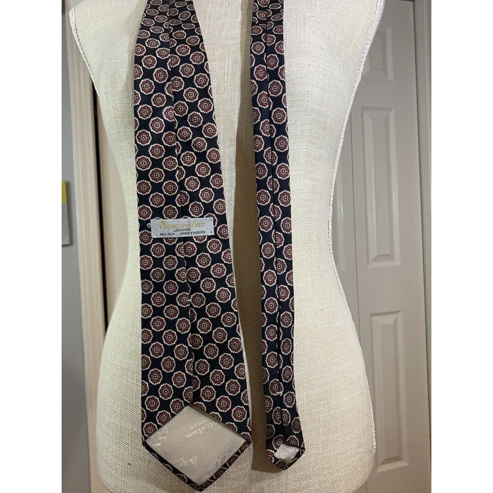 Vintage Aquascutum London Black with burgundy & ivory Geometric Circles NeckTie